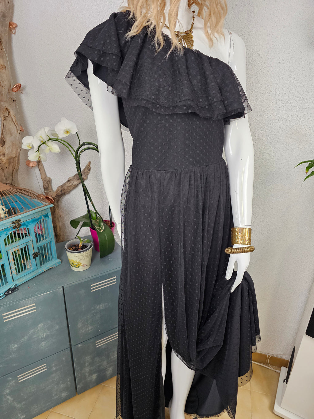Robe longue asymetrique noire tulle plumetis - Zack Tall - Taille 42 Fr ( 14 UK ) 