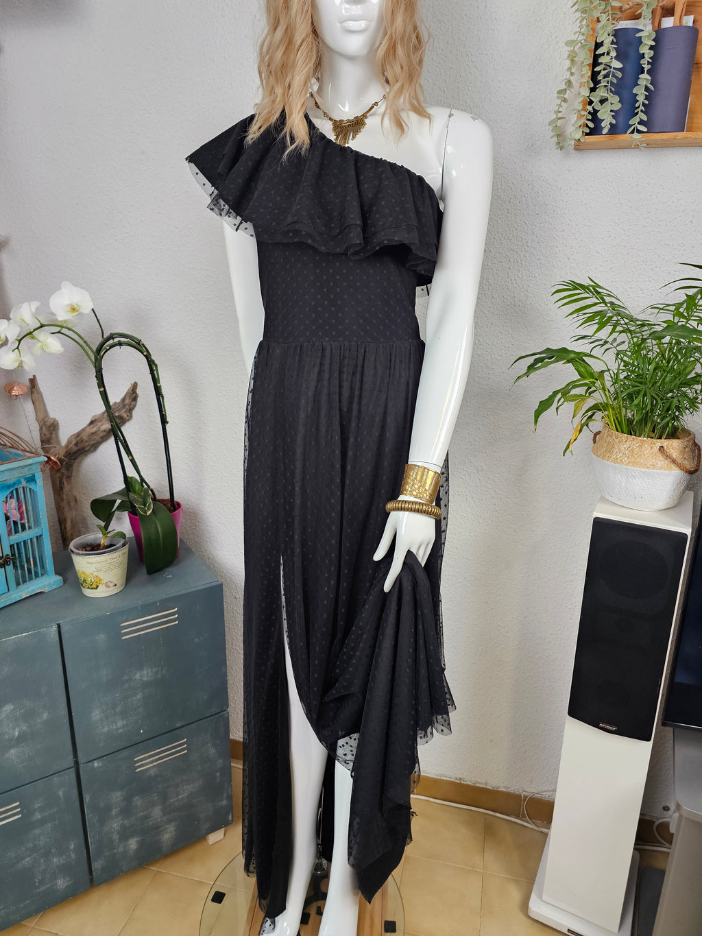 Robe longue asymetrique noire tulle plumetis - Zack Tall - Taille 42 Fr ( 14 UK ) 