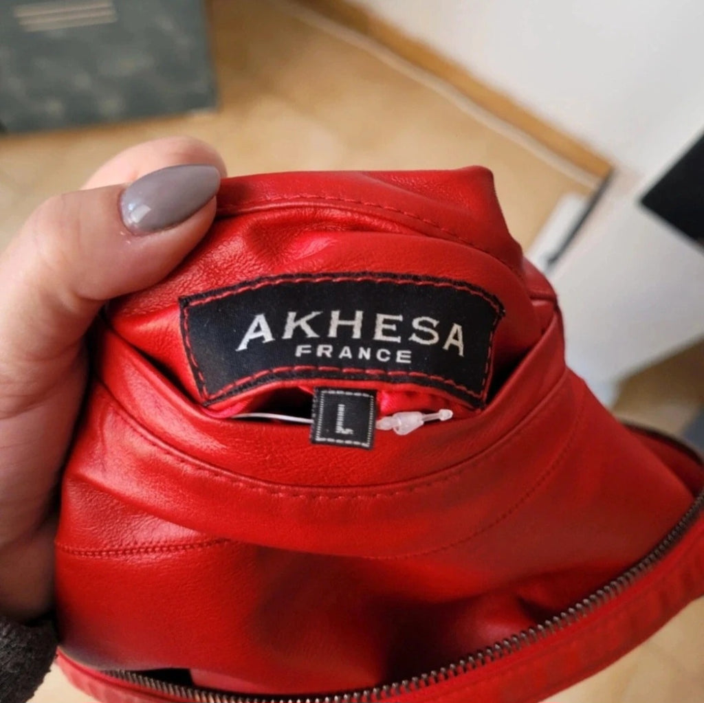 Veste Manteau en Cuir de Chèvre Rouge Réversible Léopard – AKHESA France | Taille L