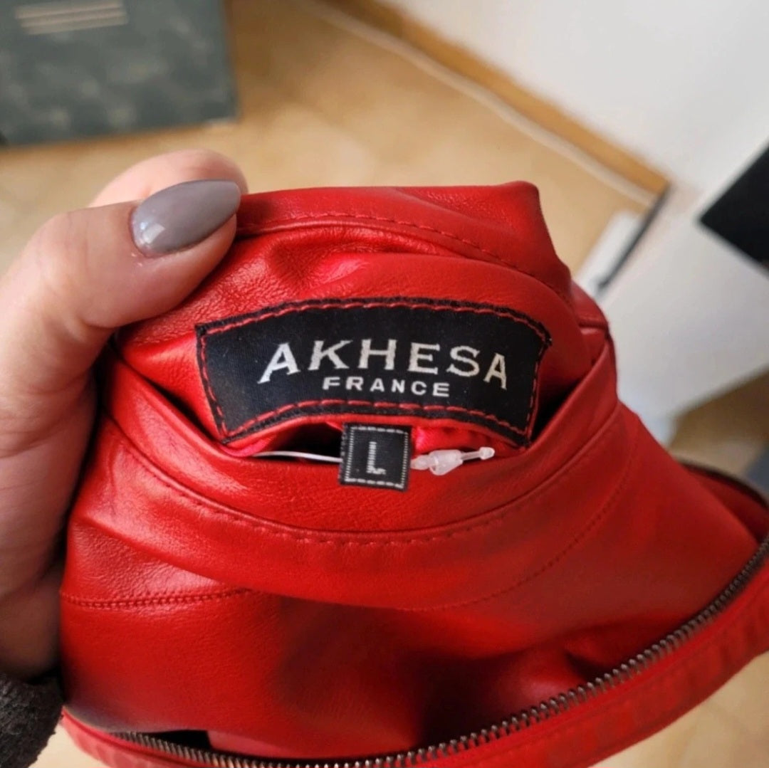 Veste Manteau en Cuir de Chèvre Rouge Réversible Léopard – AKHESA France | Taille L
