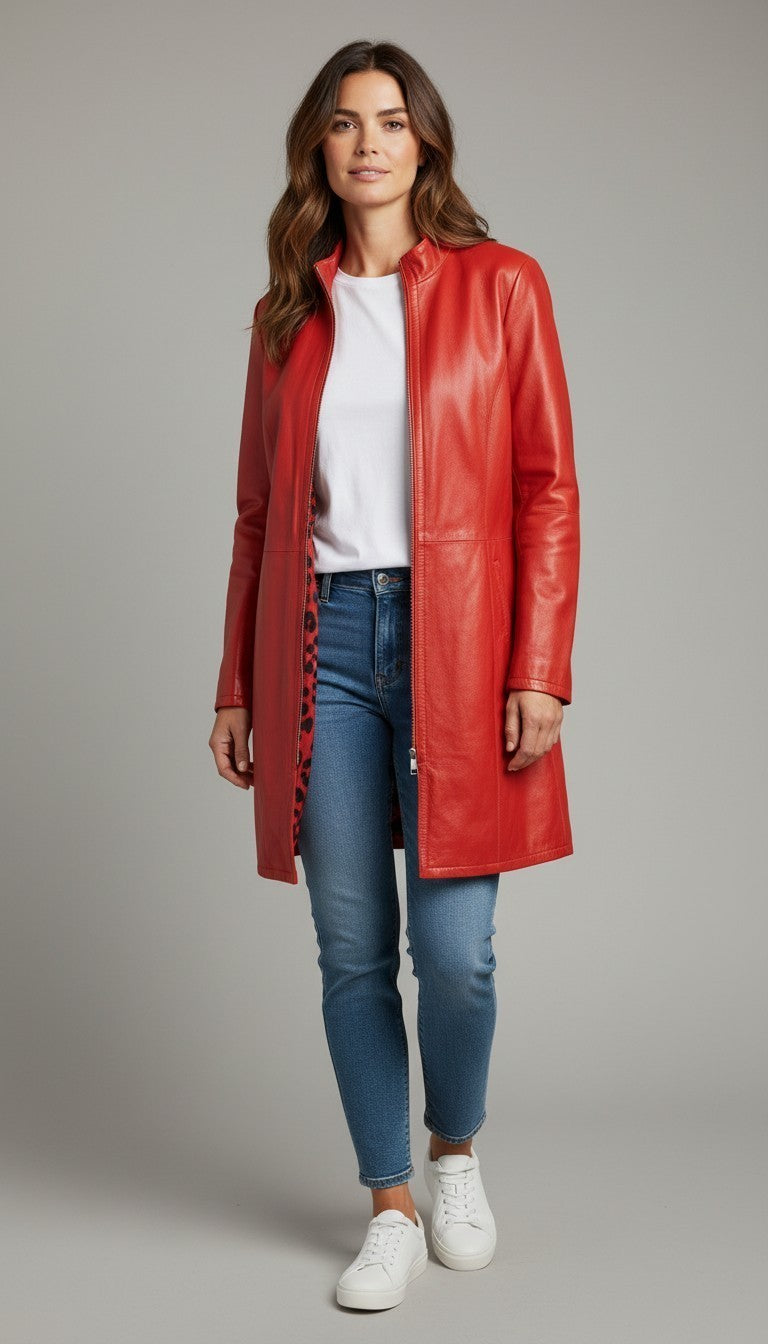 Veste Manteau en Cuir de Chèvre Rouge Réversible Léopard – AKHESA France | Taille L