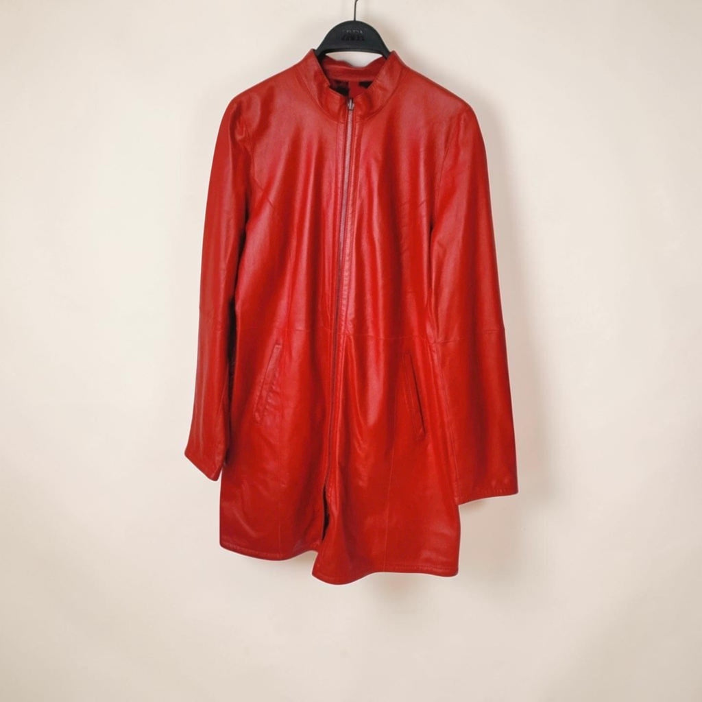 Veste Manteau en Cuir de Chèvre Rouge Réversible Léopard – AKHESA France | Taille L