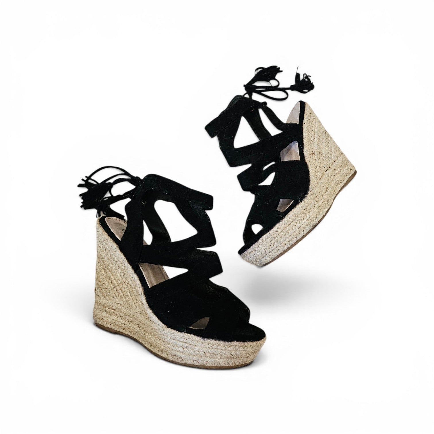 Sandales Compensées Style Espadrilles en Suédine Noire – QUEEN VIVI | Pointure 39
