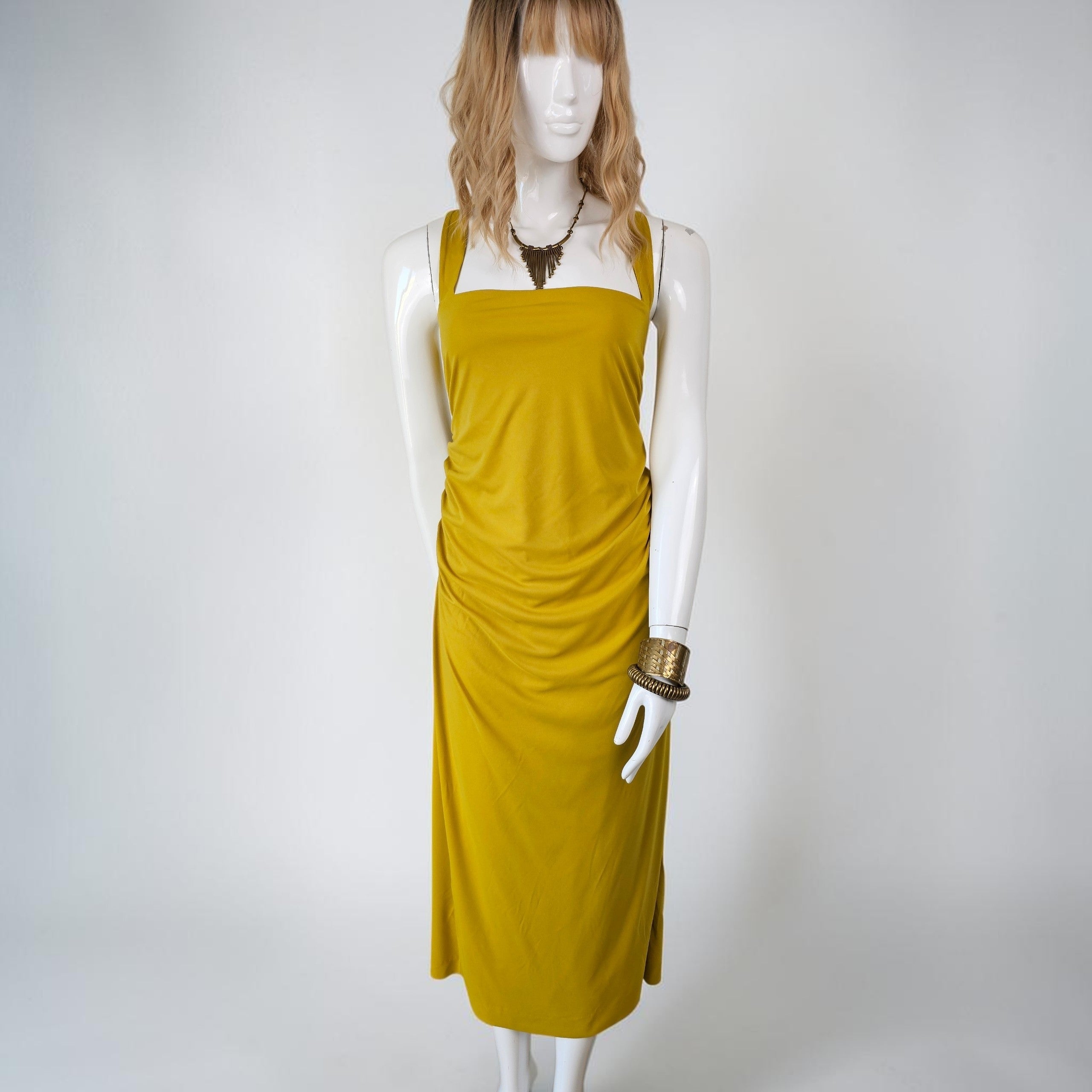 Robe Longue Drapée jaune moutarde Dos Nu Graphique – ZARA | Taille XL