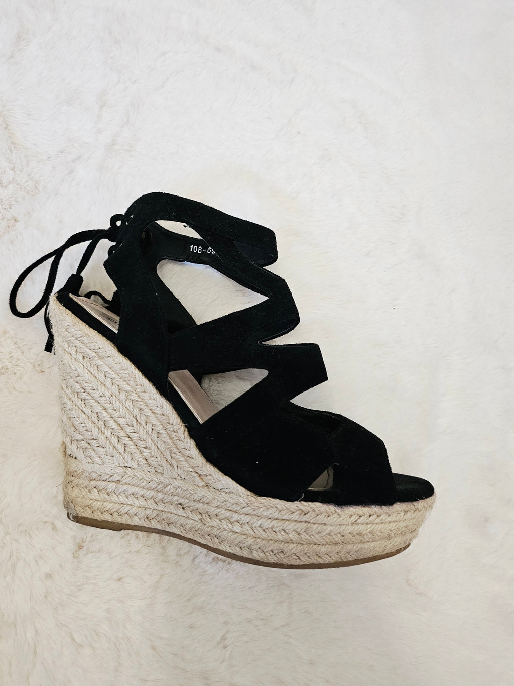 Sandales Compensées Style Espadrilles en Suédine Noire – QUEEN VIVI | Pointure 39