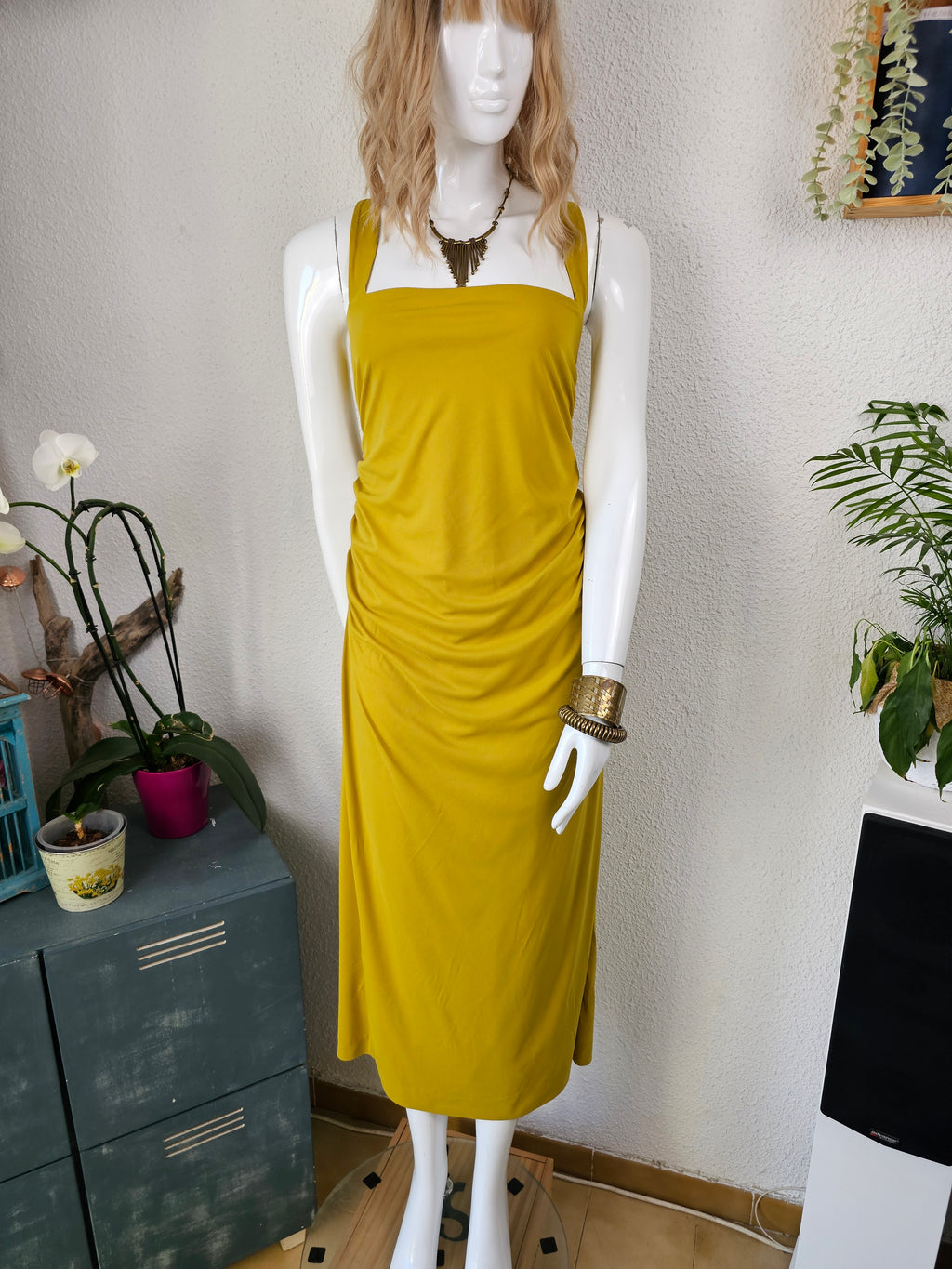 Robe Longue Drapée jaune moutarde Dos Nu Graphique – ZARA | Taille XL
